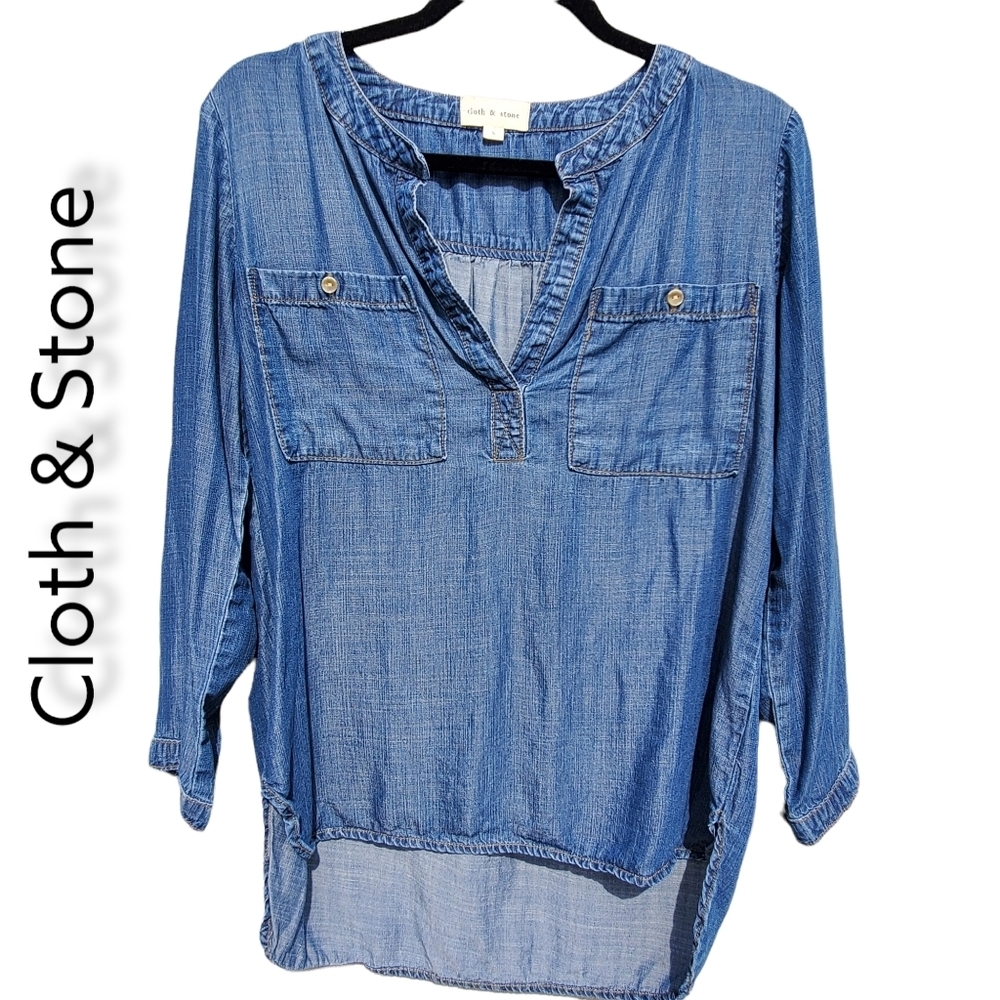 Cloth & Stone Blue Chambray Tencel High Low Popover Top - Anthropologie | Size S